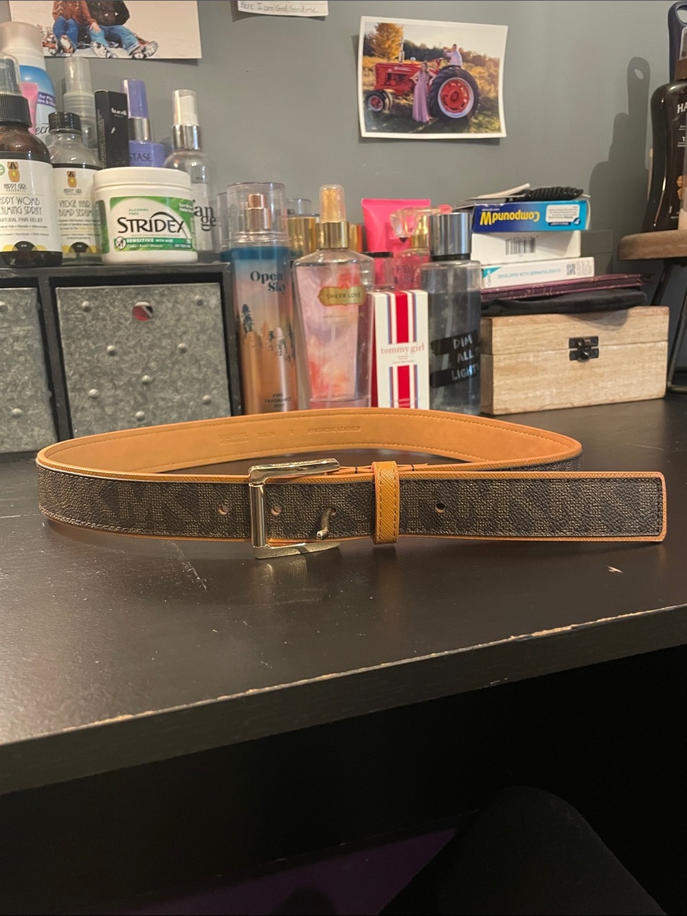 Michael Kors Brown Monogram Belt with Tan Trim and Gold Buckle